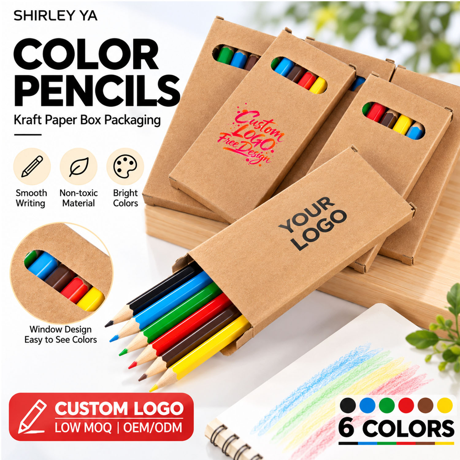 6 Color Mini Colored Pencils Set Wholesale with Kraft Paper Box Custom Logo