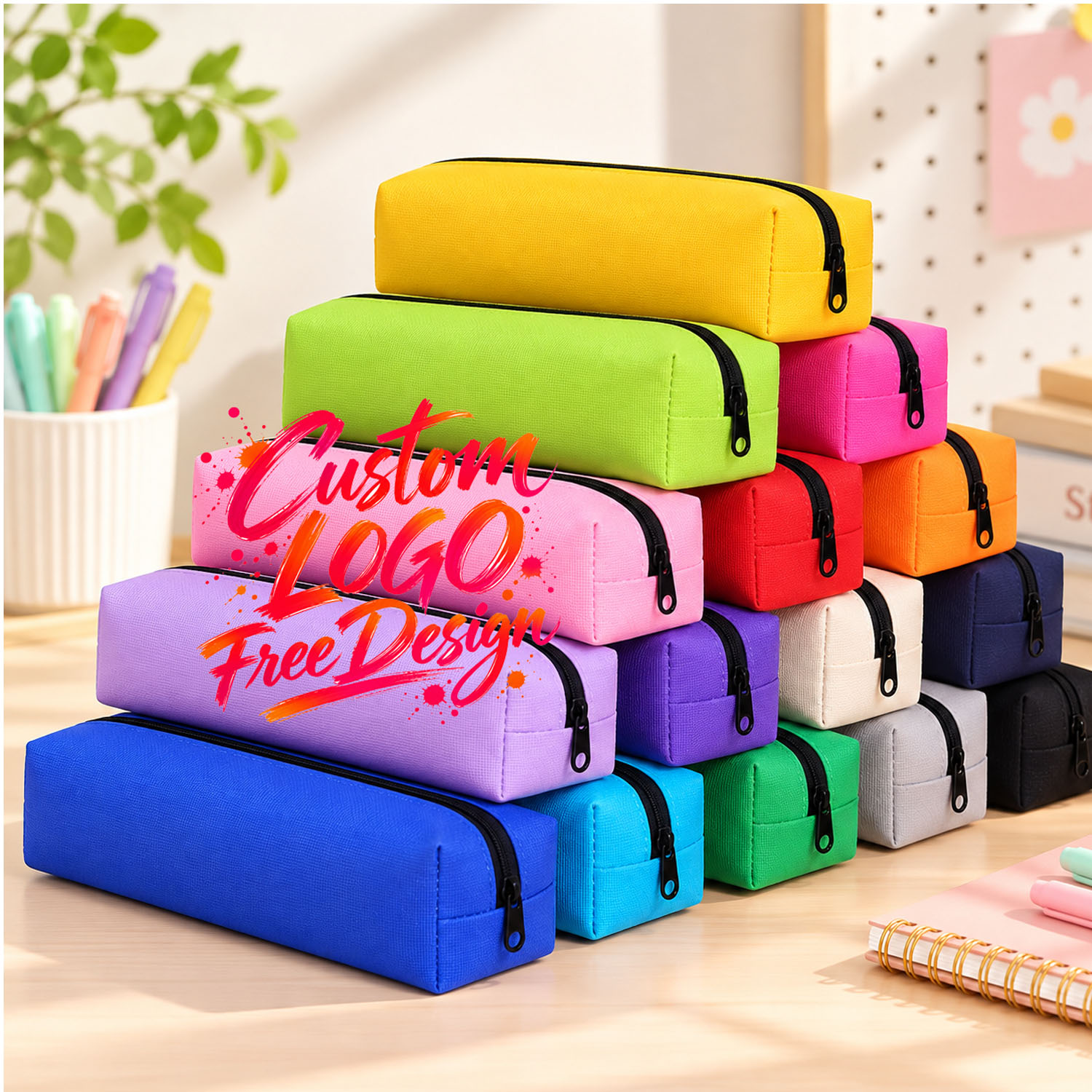 Custom Logo Canvas Pencil Case Wholesale Colorful Zipper Pencil Pouch for School