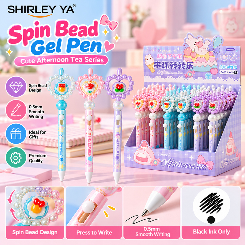 Spin Bead Gel Pens Wholesale Cute 0.5mm Black Ink Pens with Rotating Heart Topper