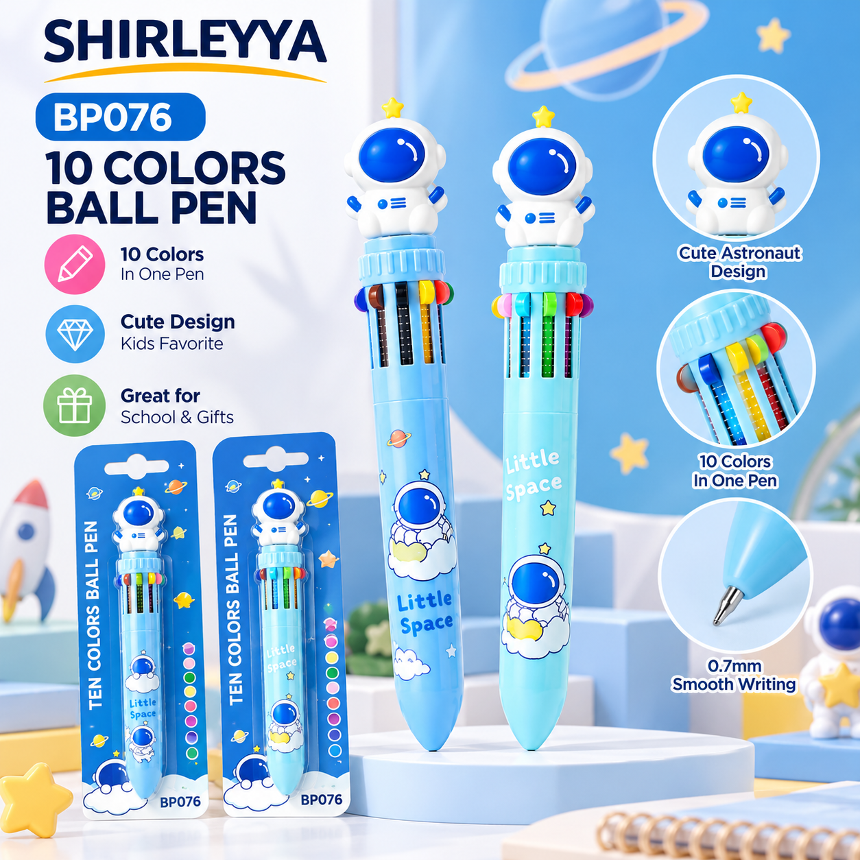 10 Color Ballpoint Pen Wholesale Cute Astronaut Multi Color Retractable Pen for Kids School Supplies