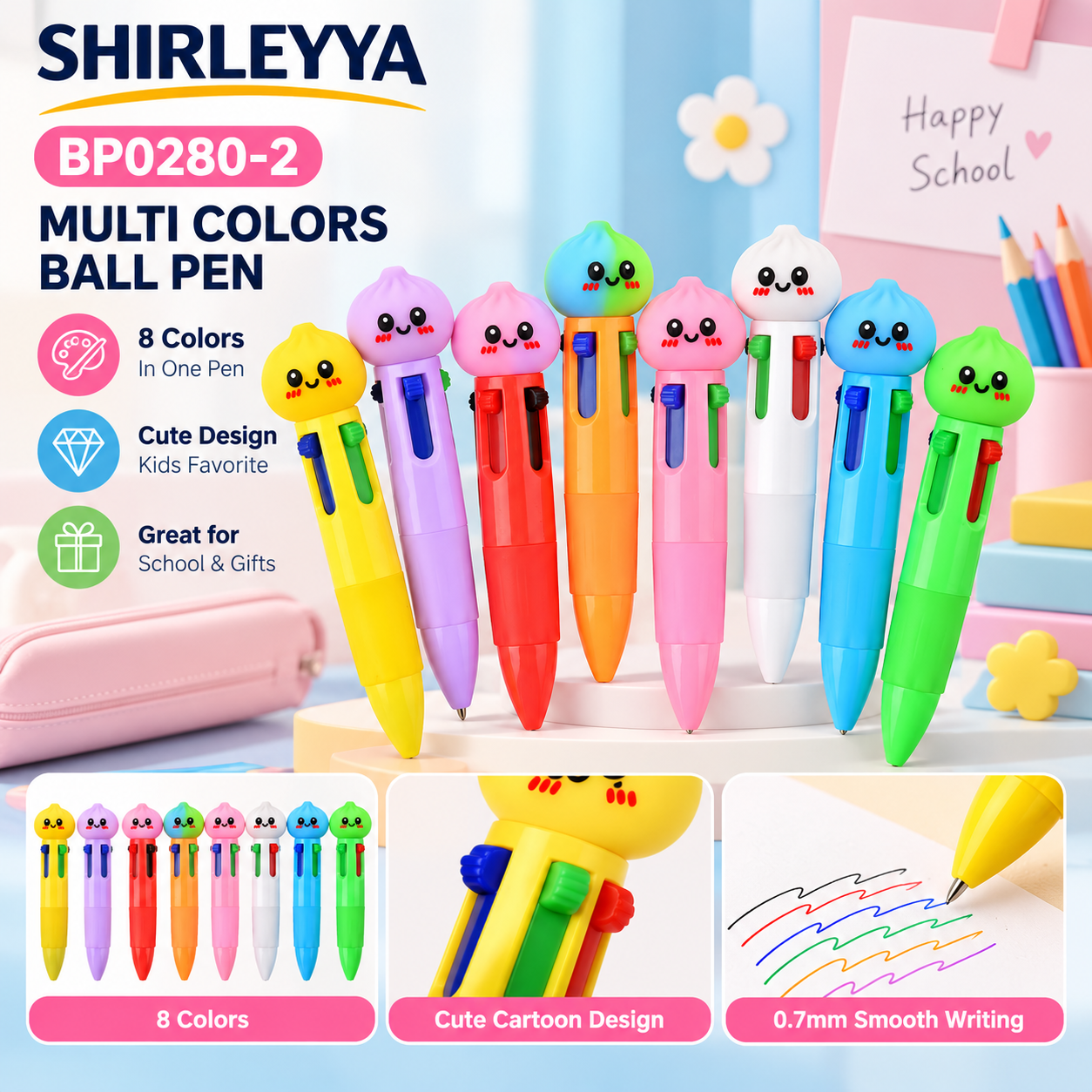 8 Color Ballpoint Pen Wholesale Cute Cartoon Multi Color Retractable Pens for Kids School Supplies